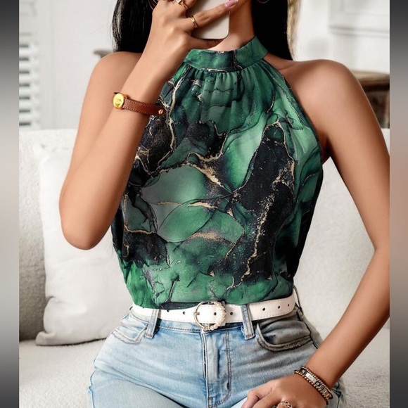 Elegant Classic Marble Water Color Print Halter Top Blouse Shirt Blue - Picture 5 of 12